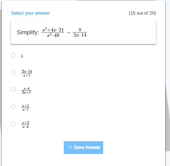 \fSelect your answer [2 out of 20} Simplify the