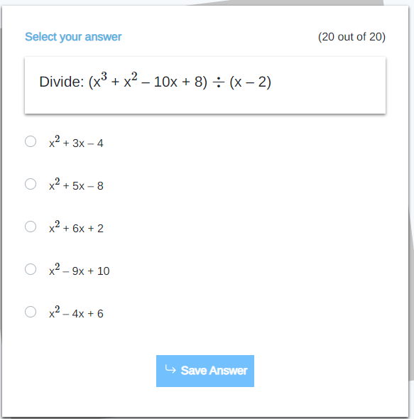 \fSelect your answer [2 out of 20} Simplify the