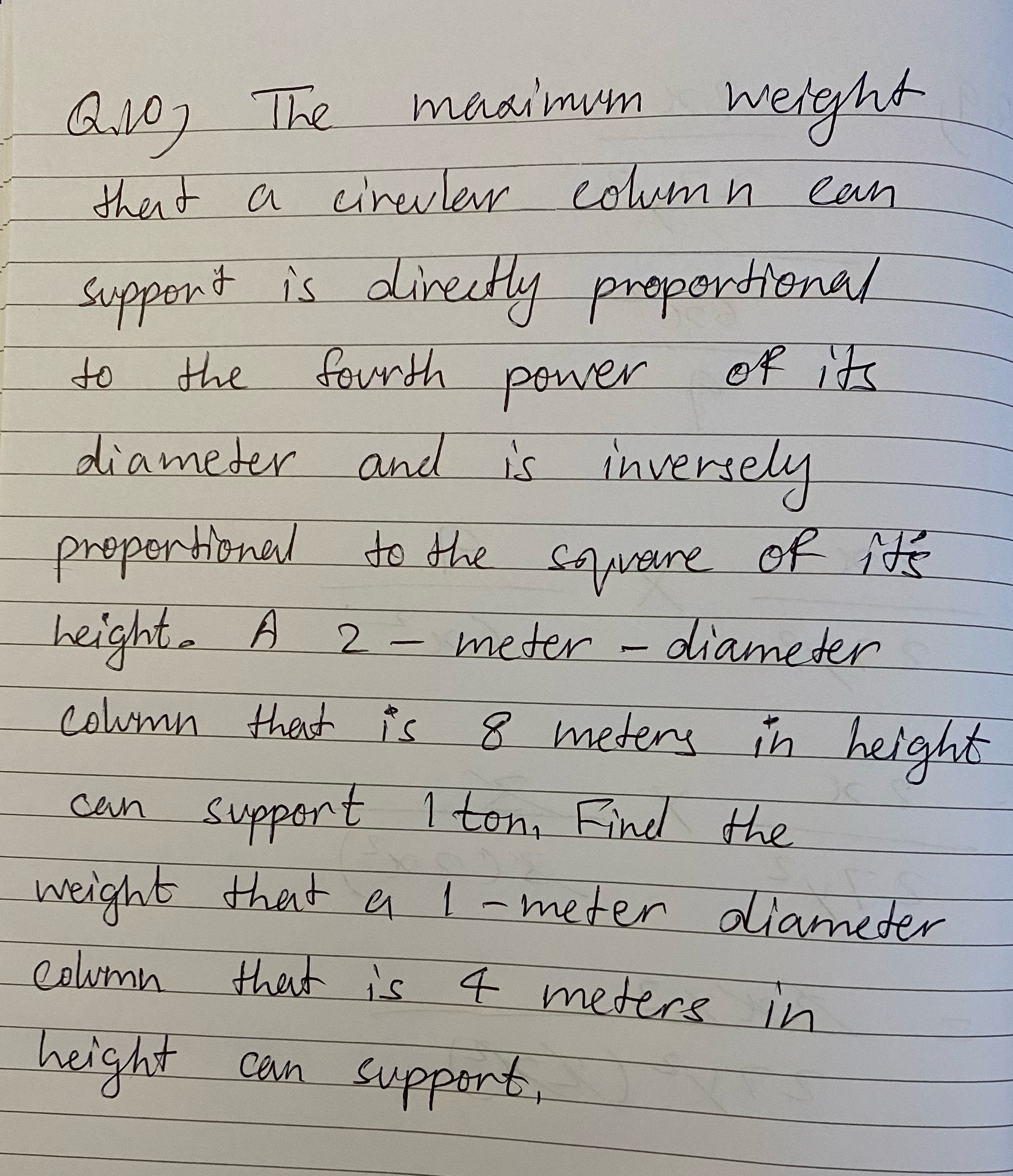 Q107 The maximum weight that a circular column
