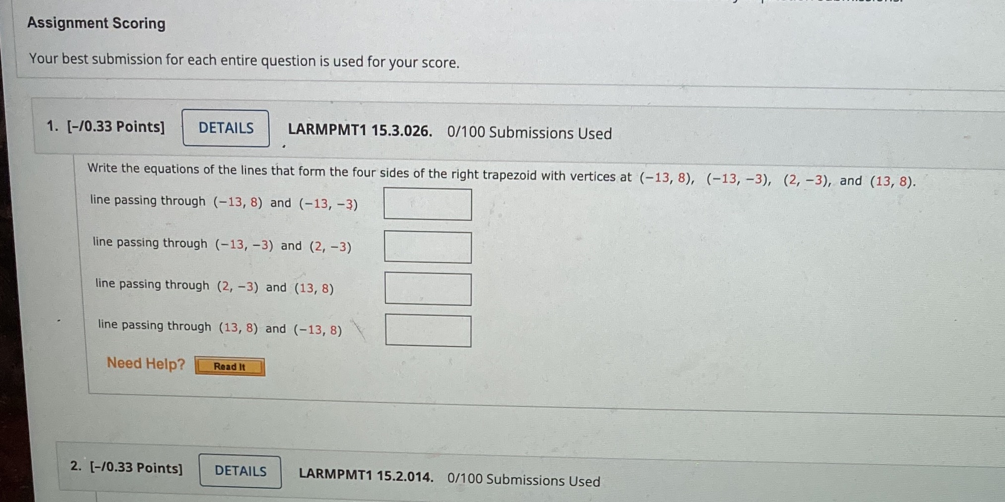 Assignment Scoring Your best submission for each