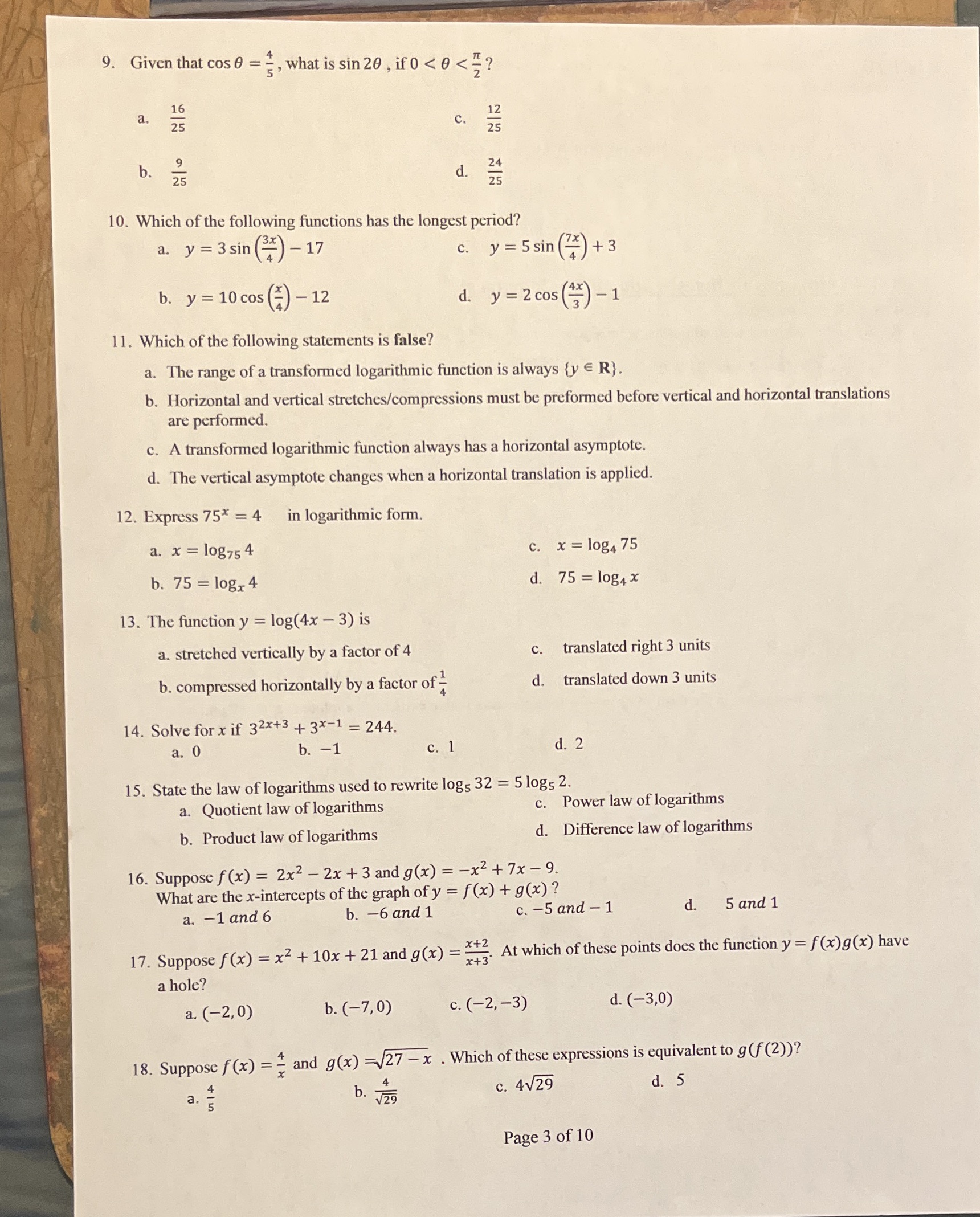 9. Given that cos 0 = =, what is sin 20 , if 0 <