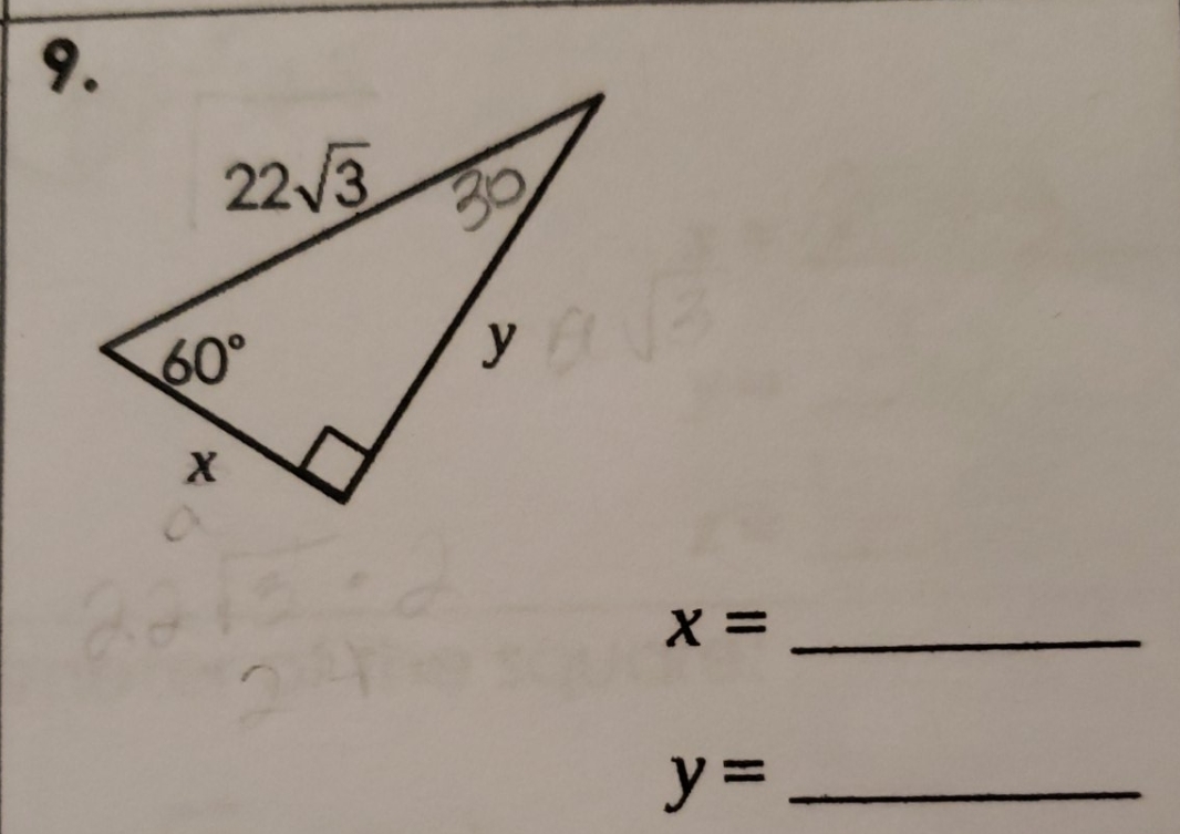 find the value of each variable 9. 22V3 30 60 X X