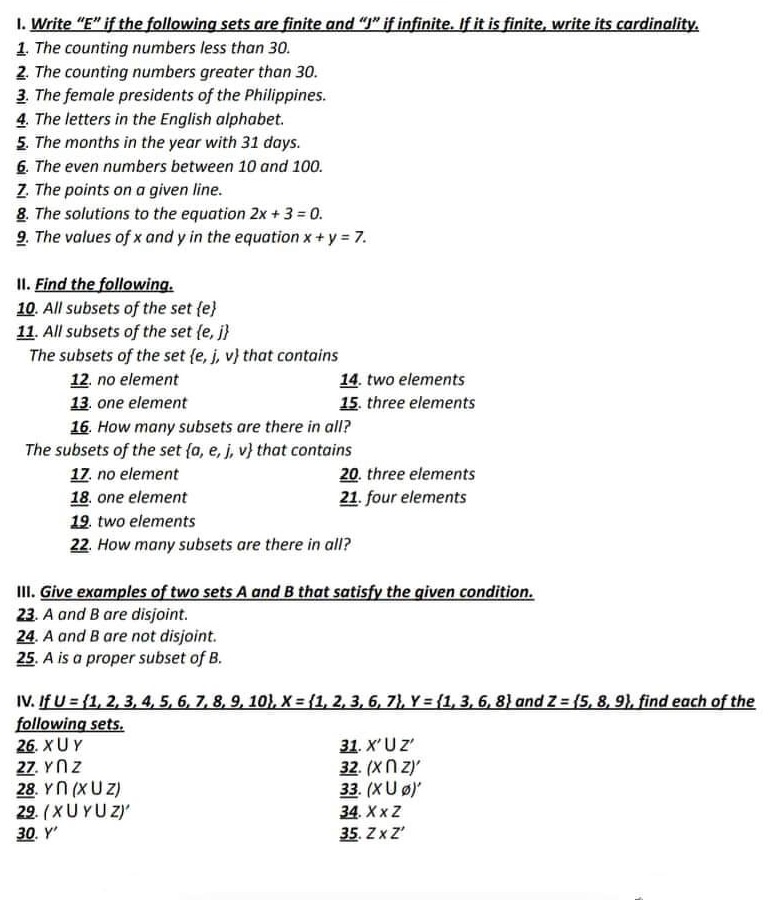 1. The counting numbers less than 30. g. The