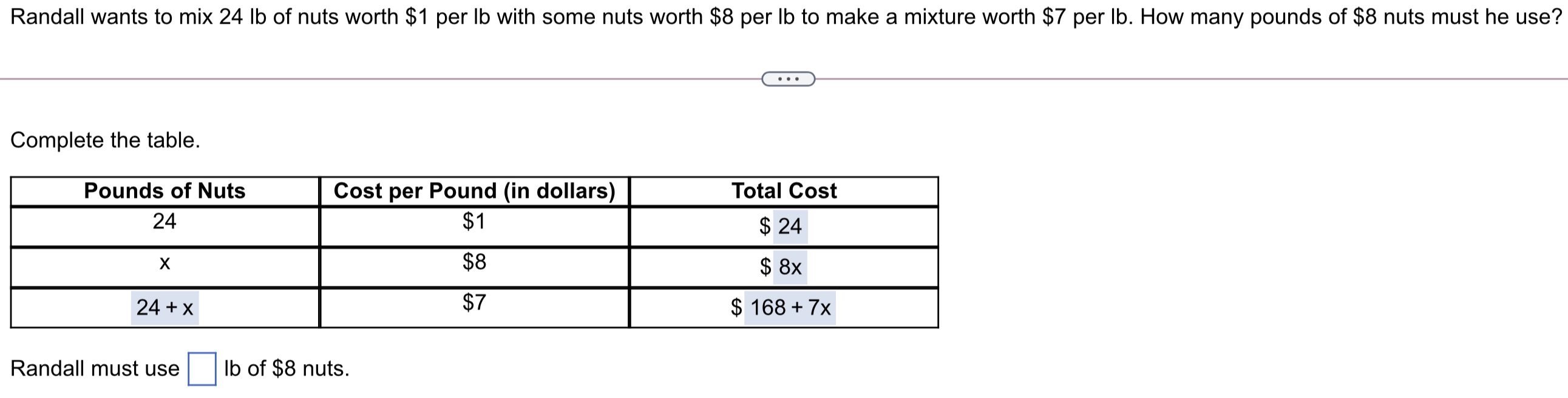 Randall wants to mix 24 lb of nuts worth $1 per