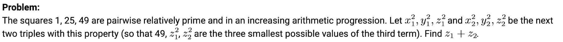 Problem: The squares 1, 25, 49 are pairwise