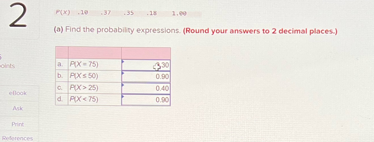 2 P(X) .10 .37 .35 . 18 1.00 (a) Find the