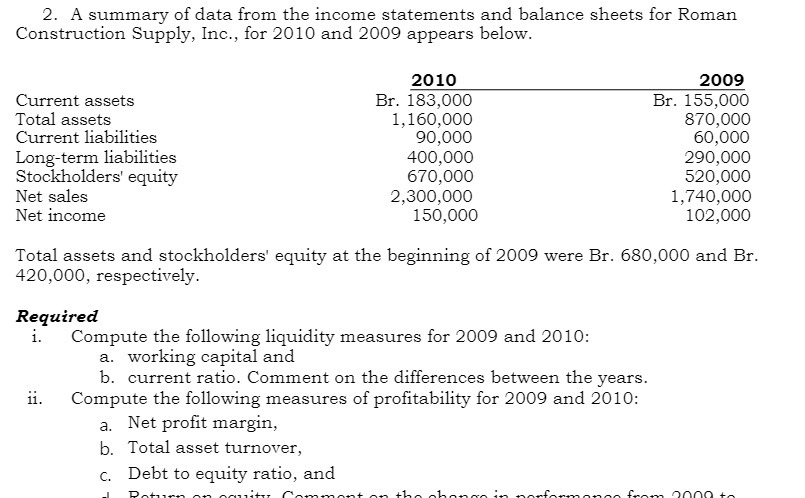 2. A summary of data from the income statements