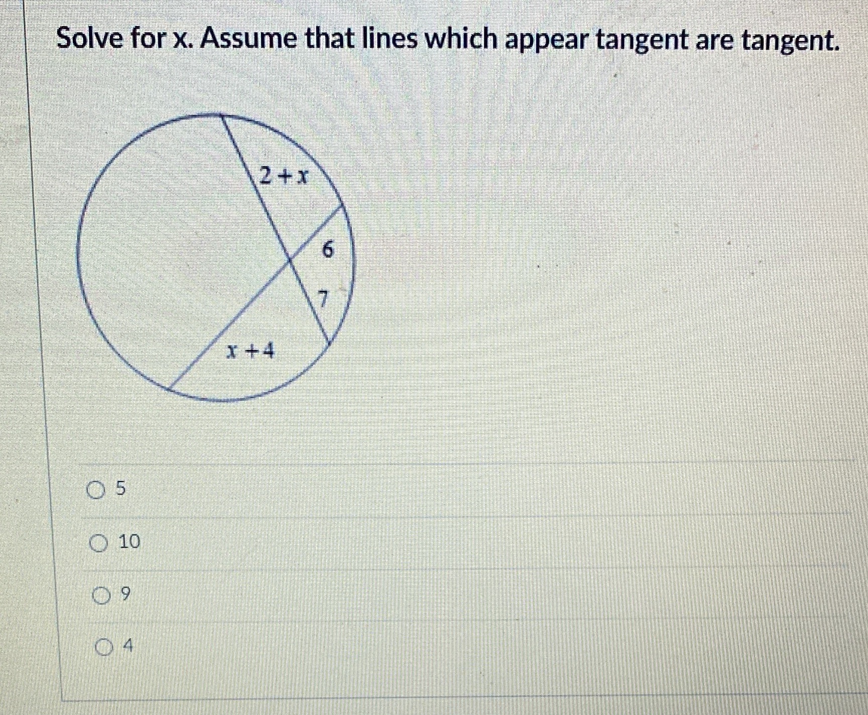 Solve for x. Assume that lines which appear