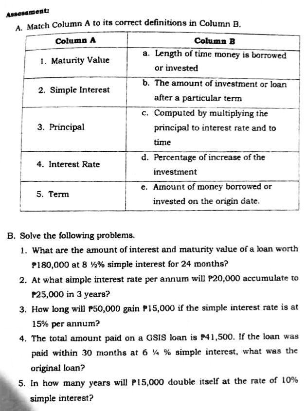 Assessment: A. Match Column A to its correct