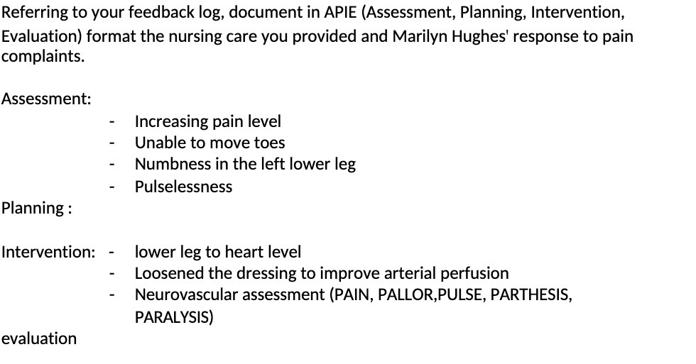 Referring to your feedback log, document in APIE