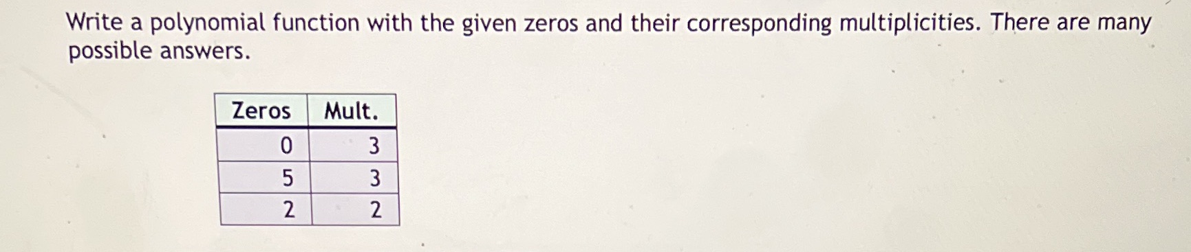 possible answers. Write a polynomial function