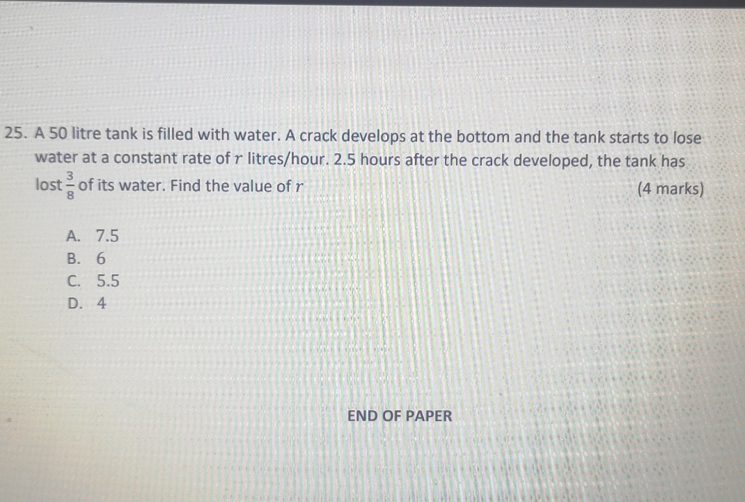 25. A 50 litre tank is filled with water. A crack