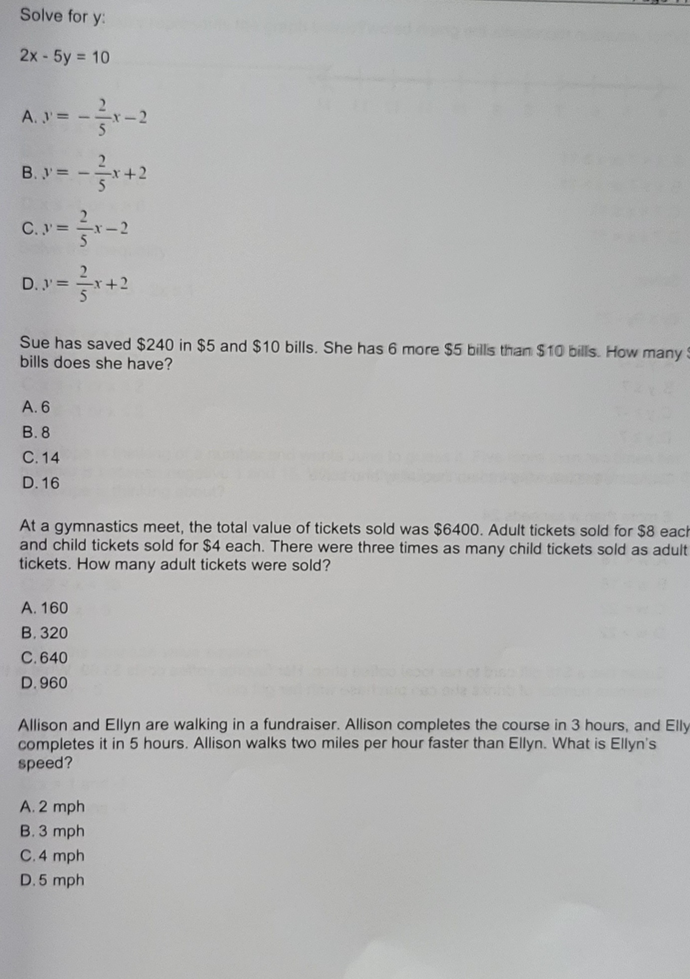 Solve for y: 2x - 5y = 10 A. ) = 2x - 2 B. 1=