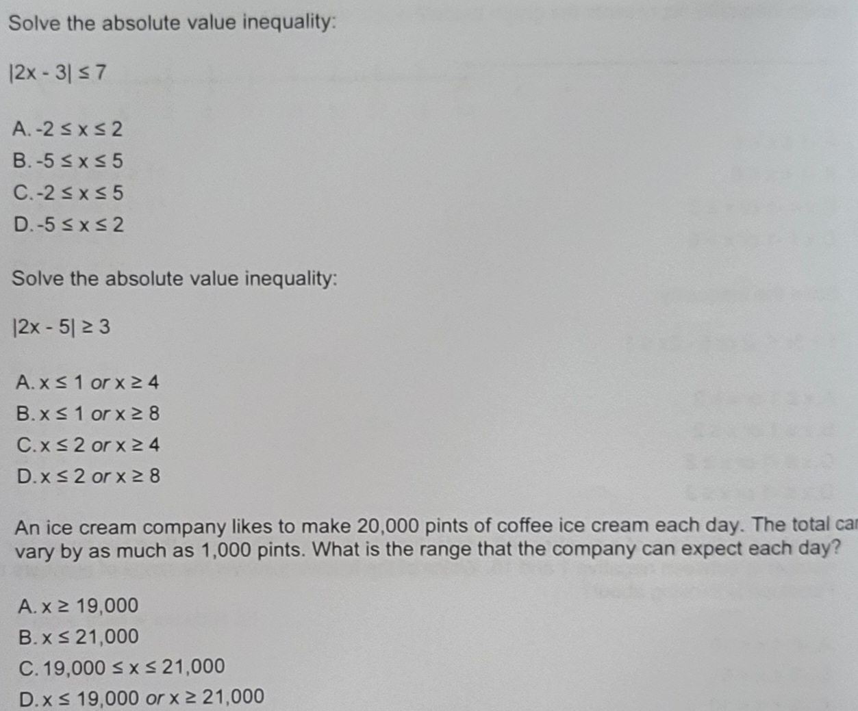 Solve for y: 2x - 5y = 10 A. ) = 2x - 2 B. 1=