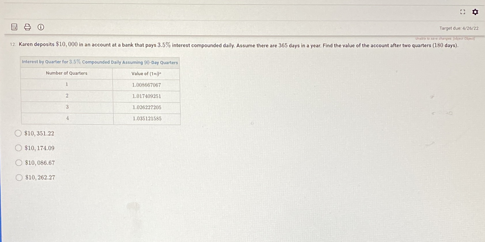 Target due: 4/26/22 Unable to save changes