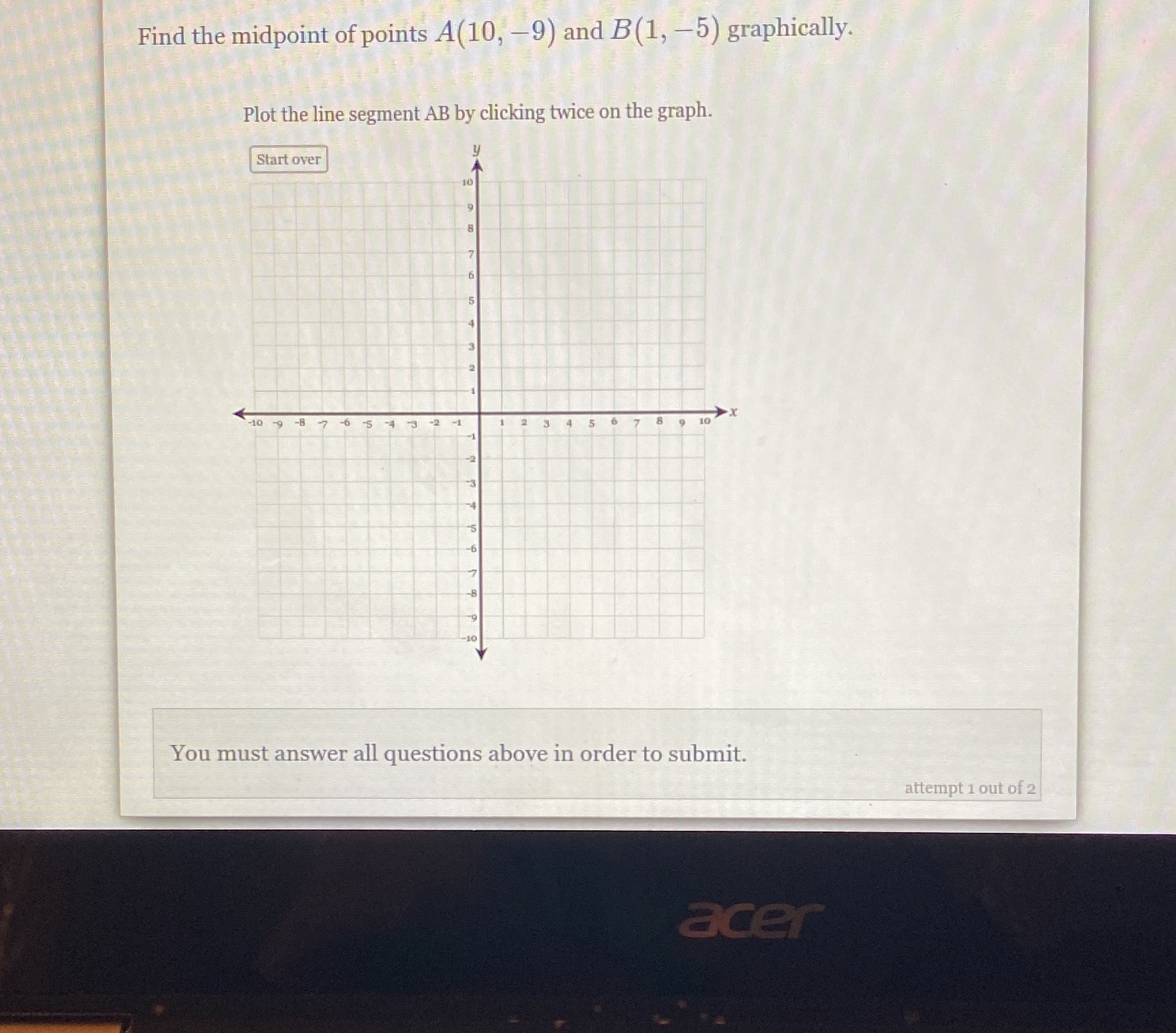 Find the midpoint of points A(10, -9) and B(1,