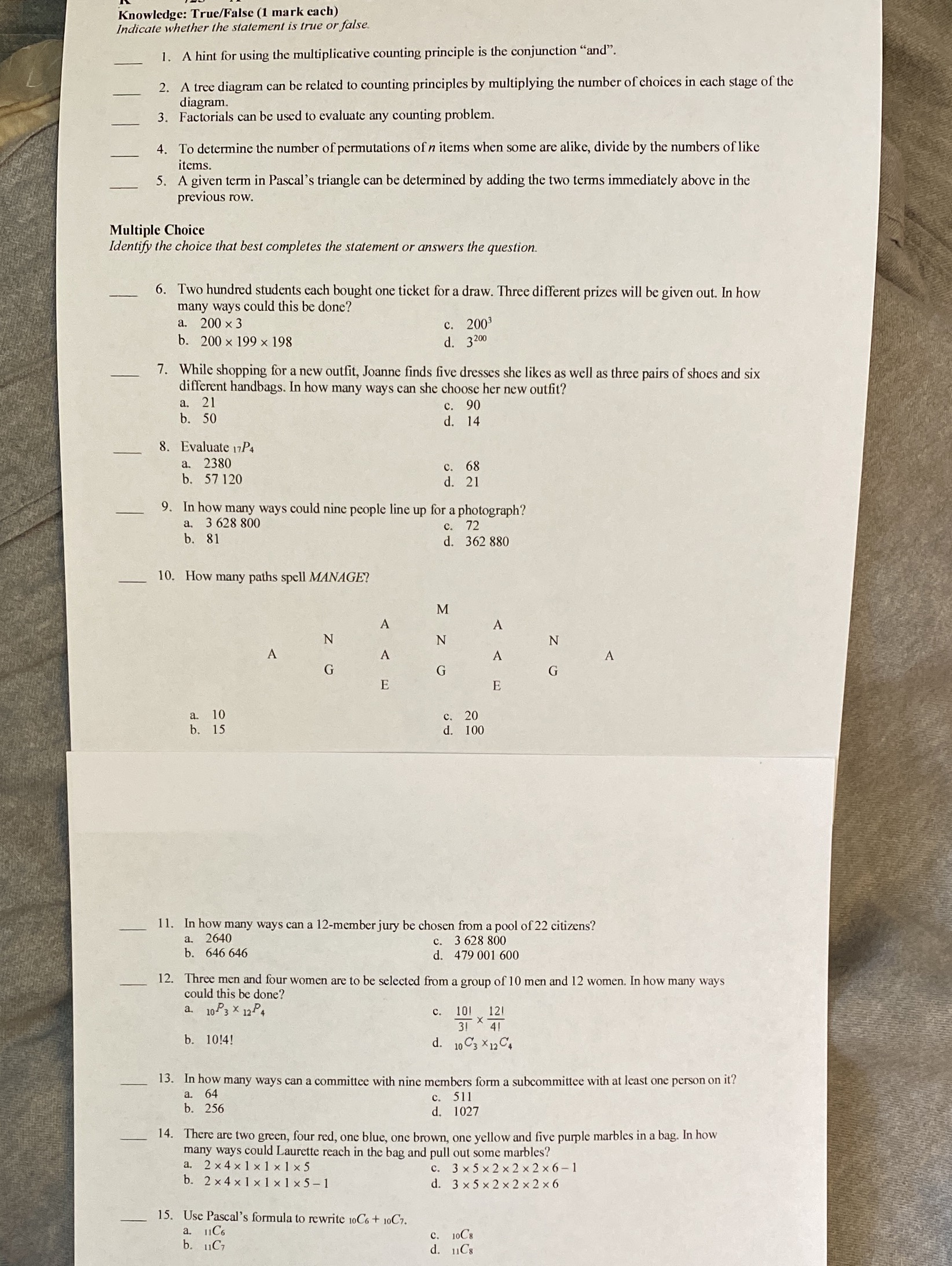 I need help with 1-15 Knowledge: True/False (1