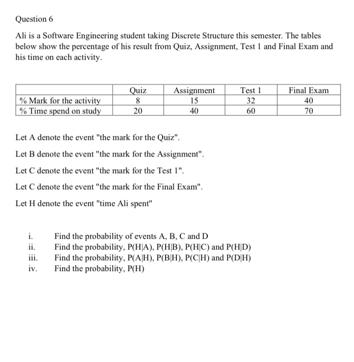 Question 6 Ali is a Software Engineering student