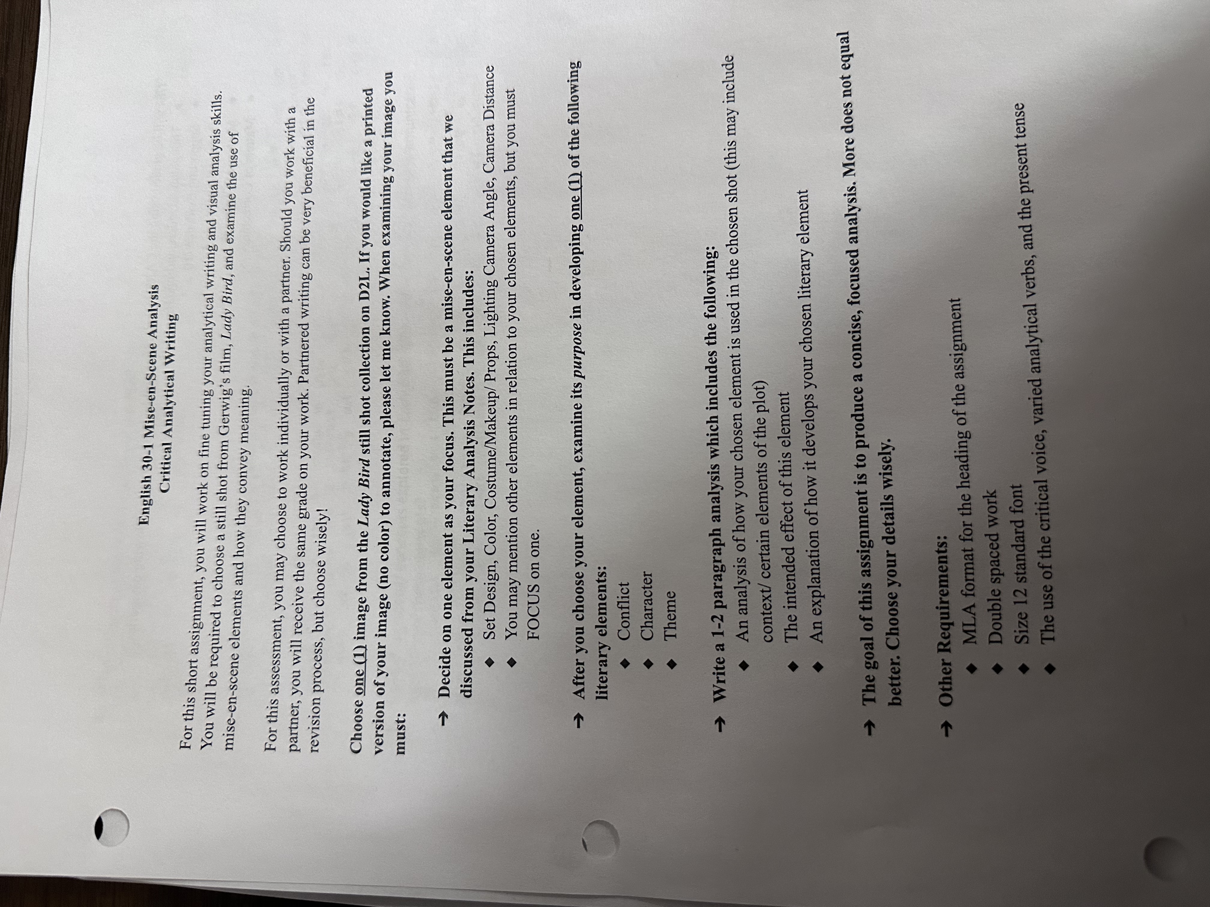 English 30-1 Mise-en-Scene Analysis Critical