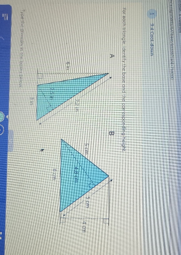 For each triangle, identify the base and the