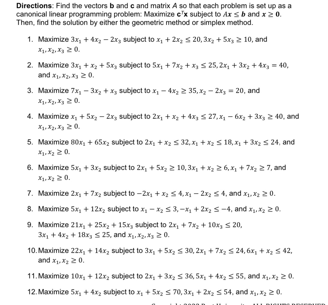 Directions: Find the vectors b and c and matrix A