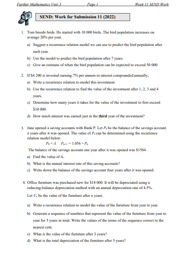 Further Mathematics Unit 3 Page 1 Week 11SEND