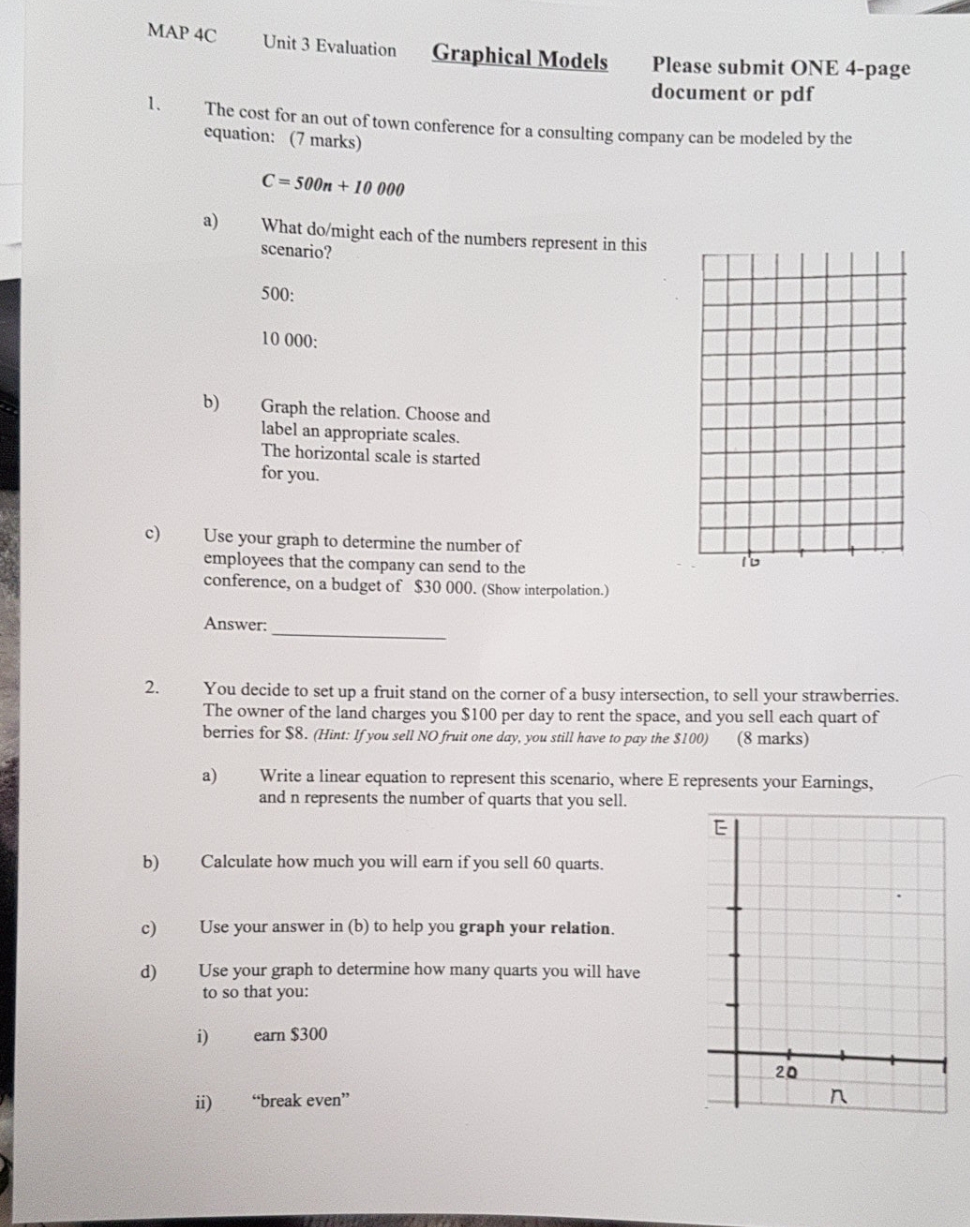 please solve and explain MAP 4C Unit 3 Evaluation