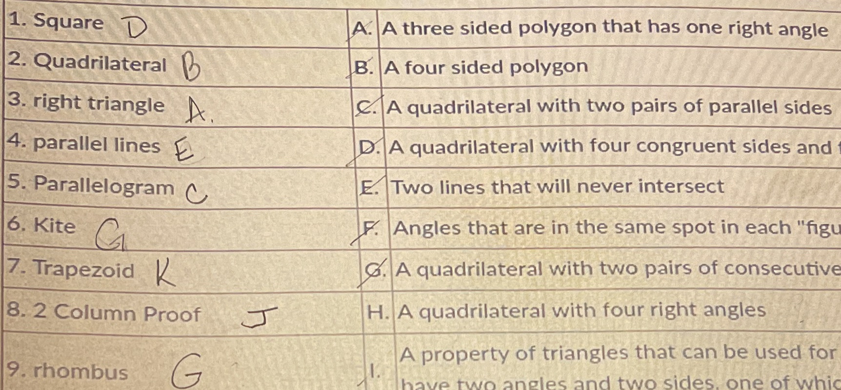 Help!!! 1. Square D A. A three sided polygon that
