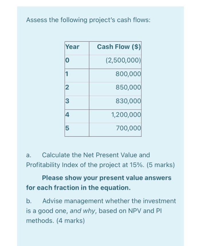 Assess the following project's cash flows:
