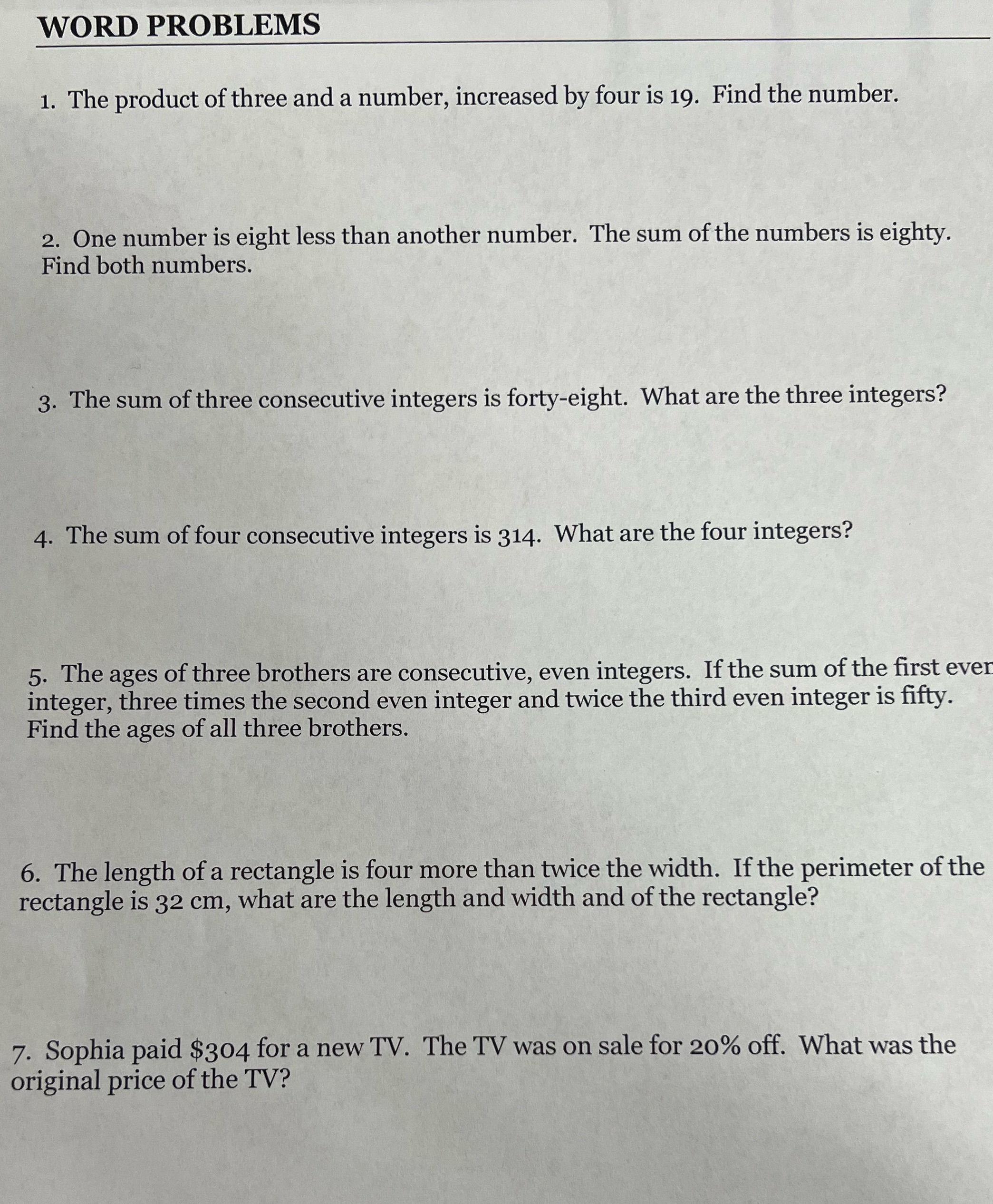 WORD PROBLEMS 1. The product of three and a