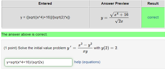 Entered Answer Preview Result 2+ 16 y =