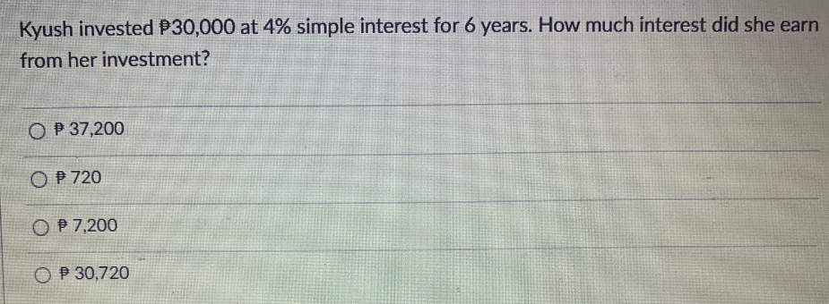 Kyush invested P30,000 at 4% simple interest for