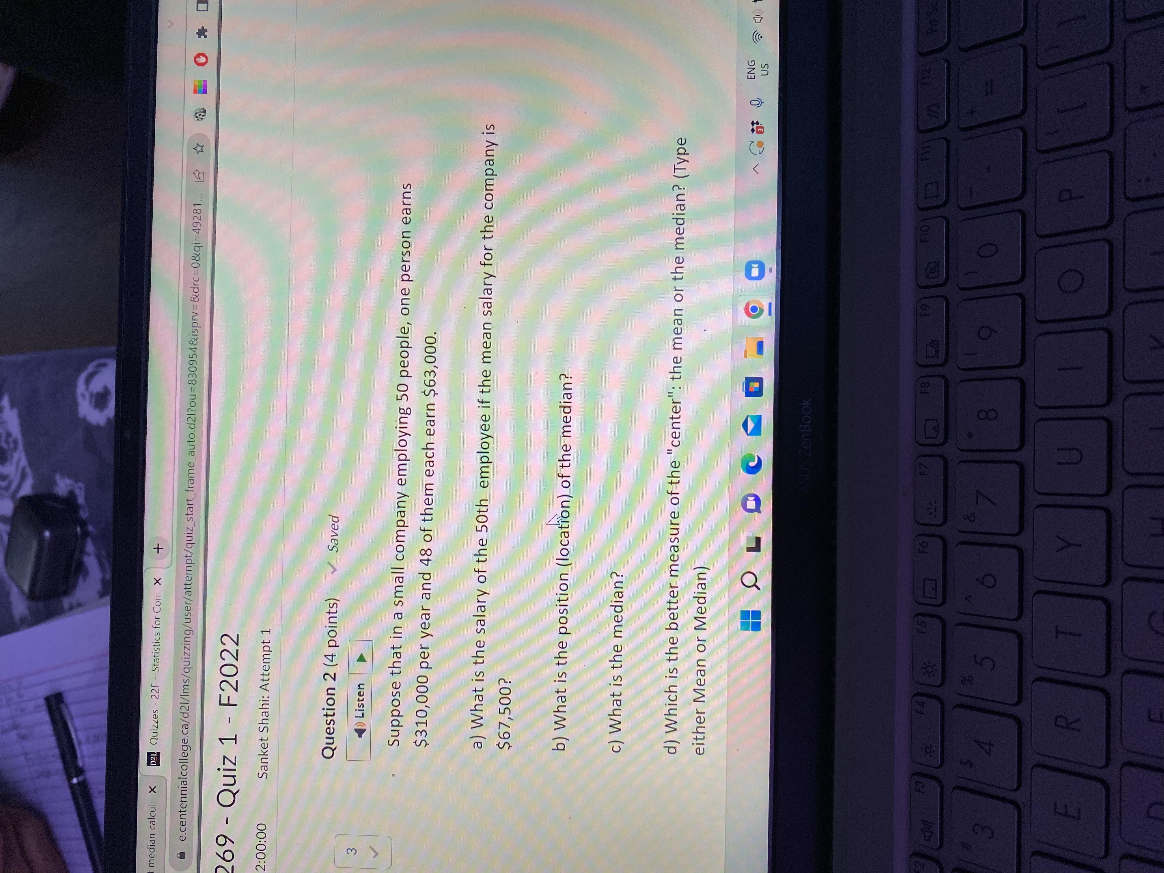 t median calcul x D2L Quizzes - 22F --Statistics