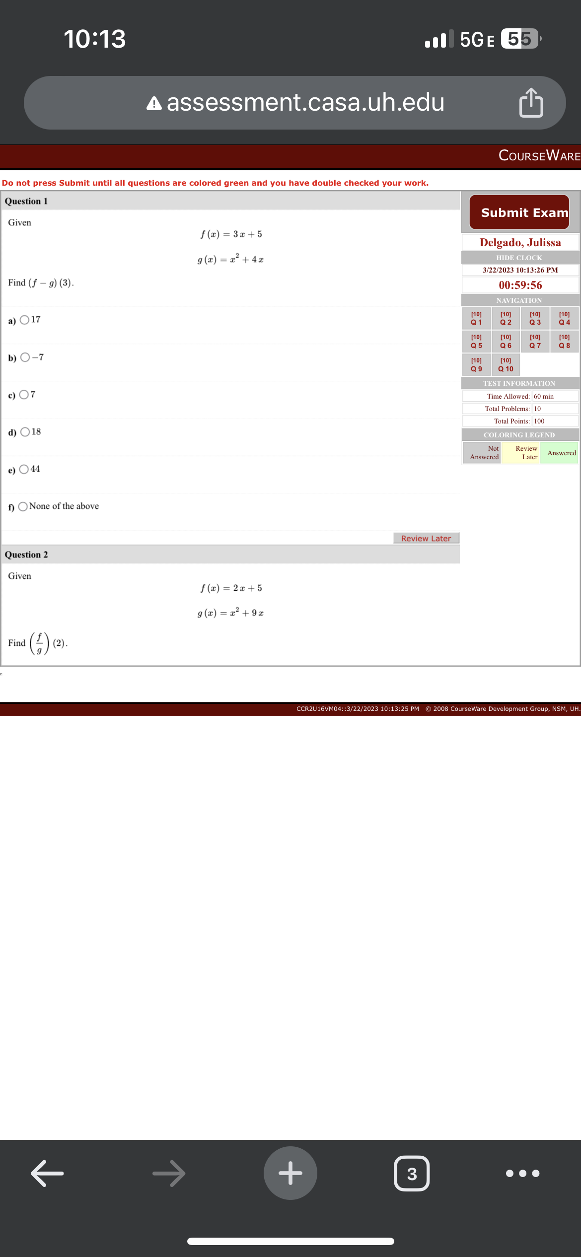 10:13 1 5GE 55 A assessment.casa.uh.edu