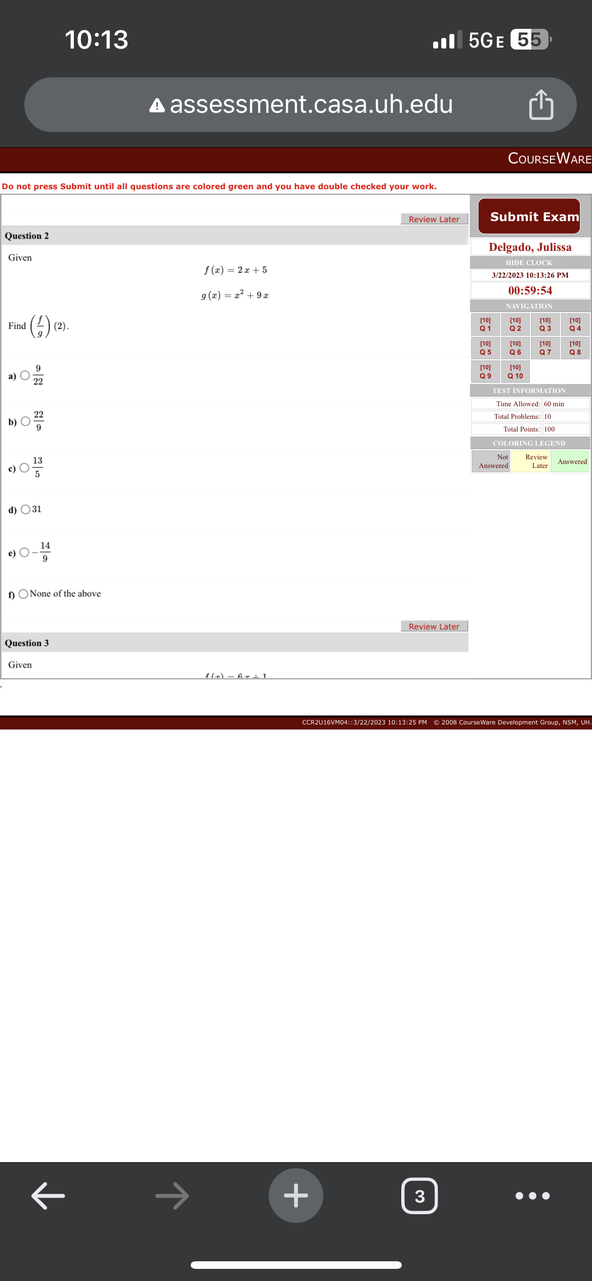 10:13 1 5GE 55 A assessment.casa.uh.edu