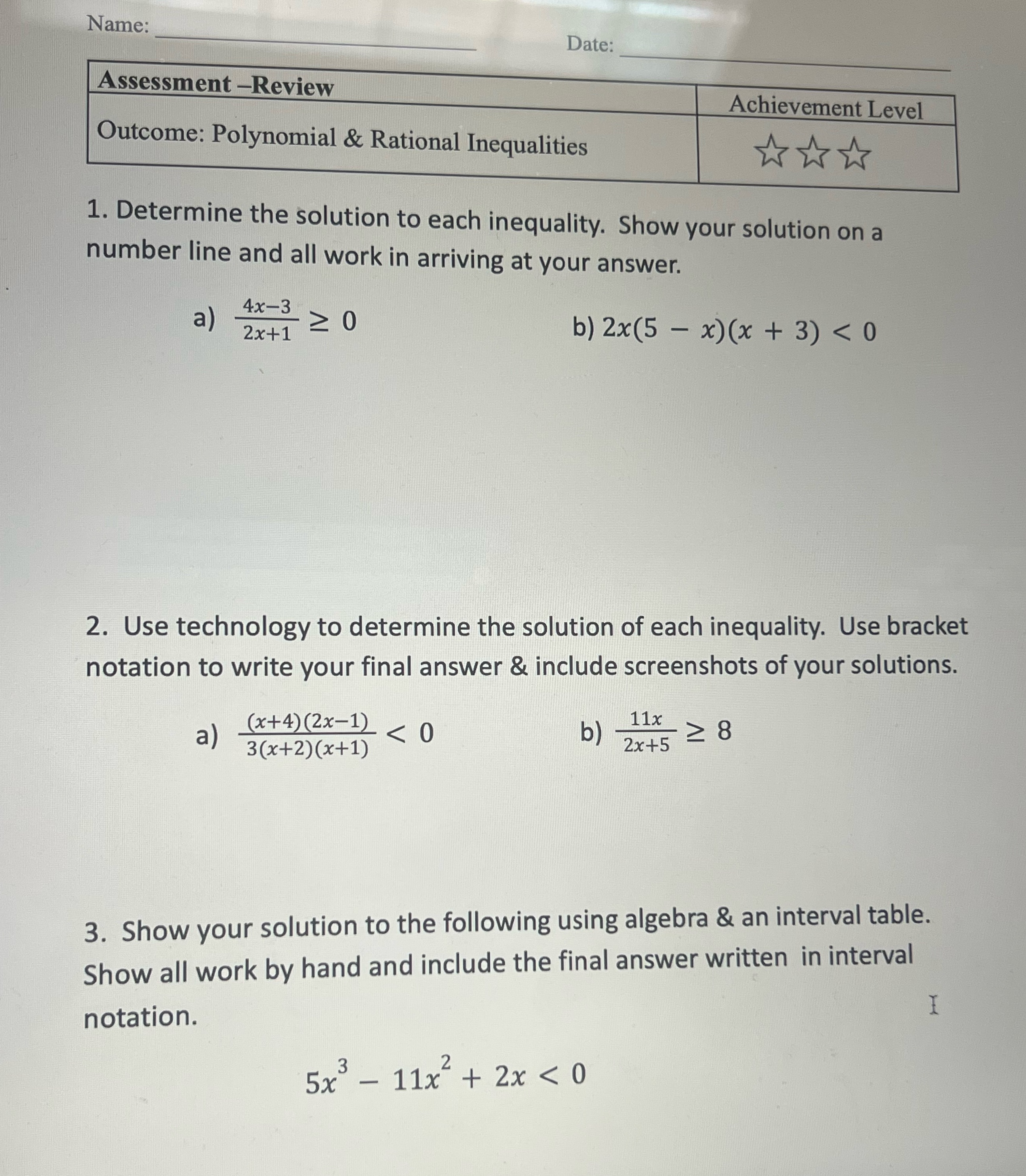 Name: Date: Assessment -Review Achievement Level