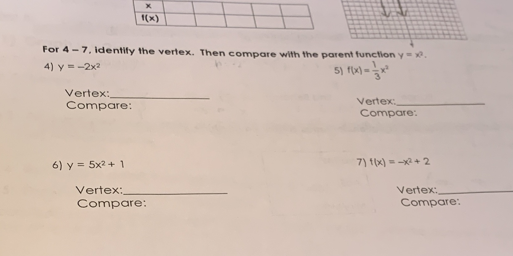 X f(x ) For 4 - 7, identify the vertex. Then