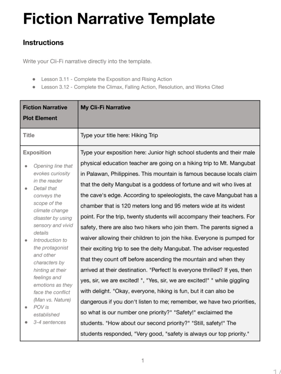 Fiction Narrative Template Instructions Write