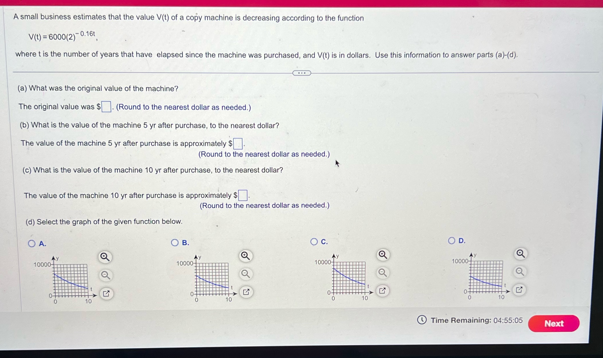 A small business estimates that the value V(t) of