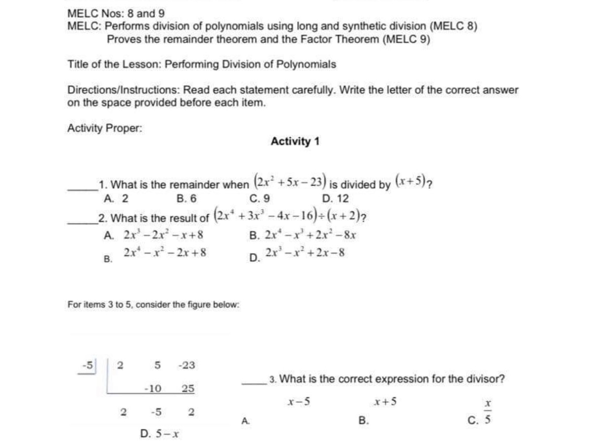 MELC Nos: 8 and 9 MELC: Performs division of