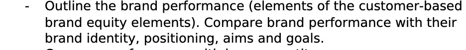- Outline the brand performance (elements of the