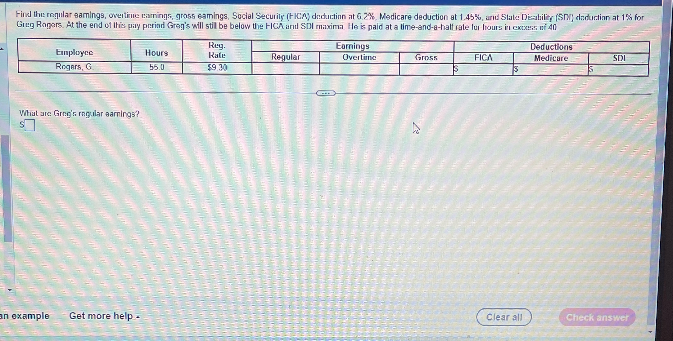 Find the regular earnings, overtime earnings,
