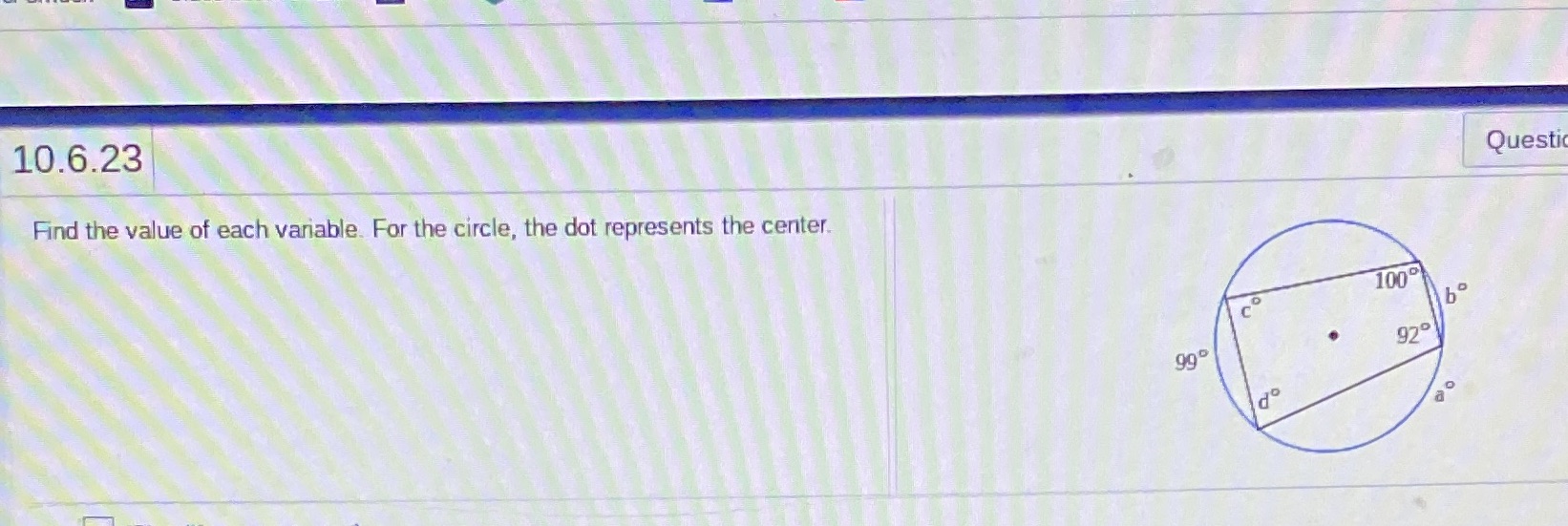 Question 10.2 10.6.23 Questic Find the value of