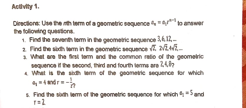 Activity 1. Directions: Use the nth term of a