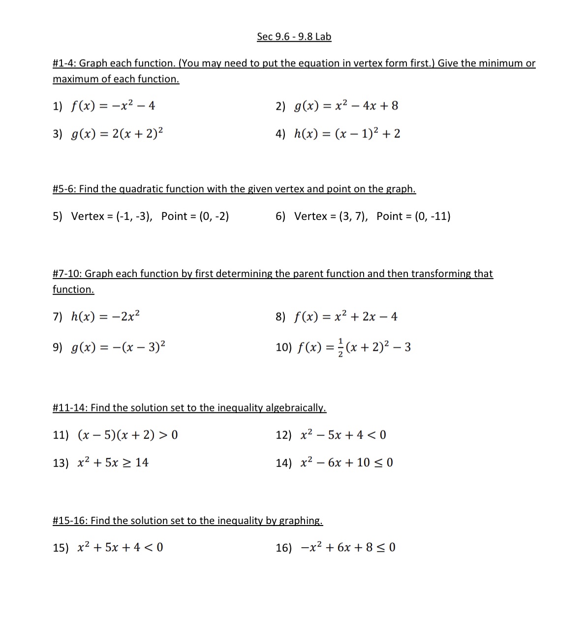 Sec 9.6 - 9.8 Lab #1-4: Graph each function. (You