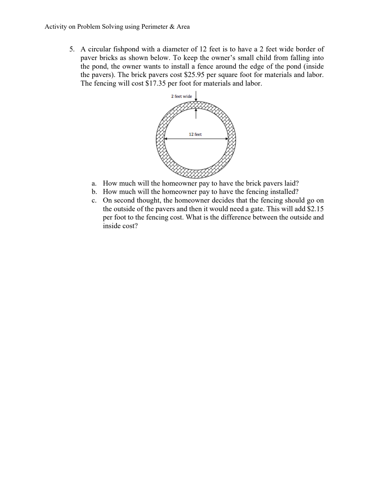 Activity on Problem Solving using Perimeter &
