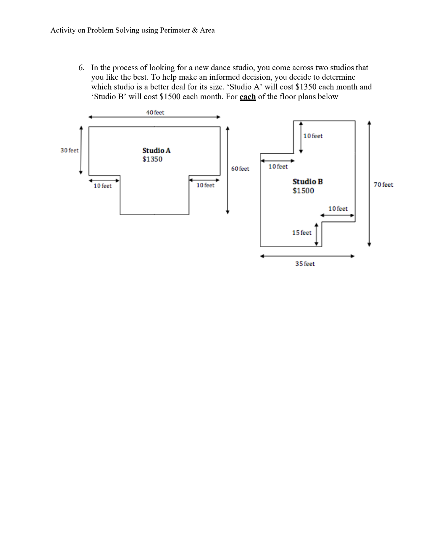 Activity on Problem Solving using Perimeter &
