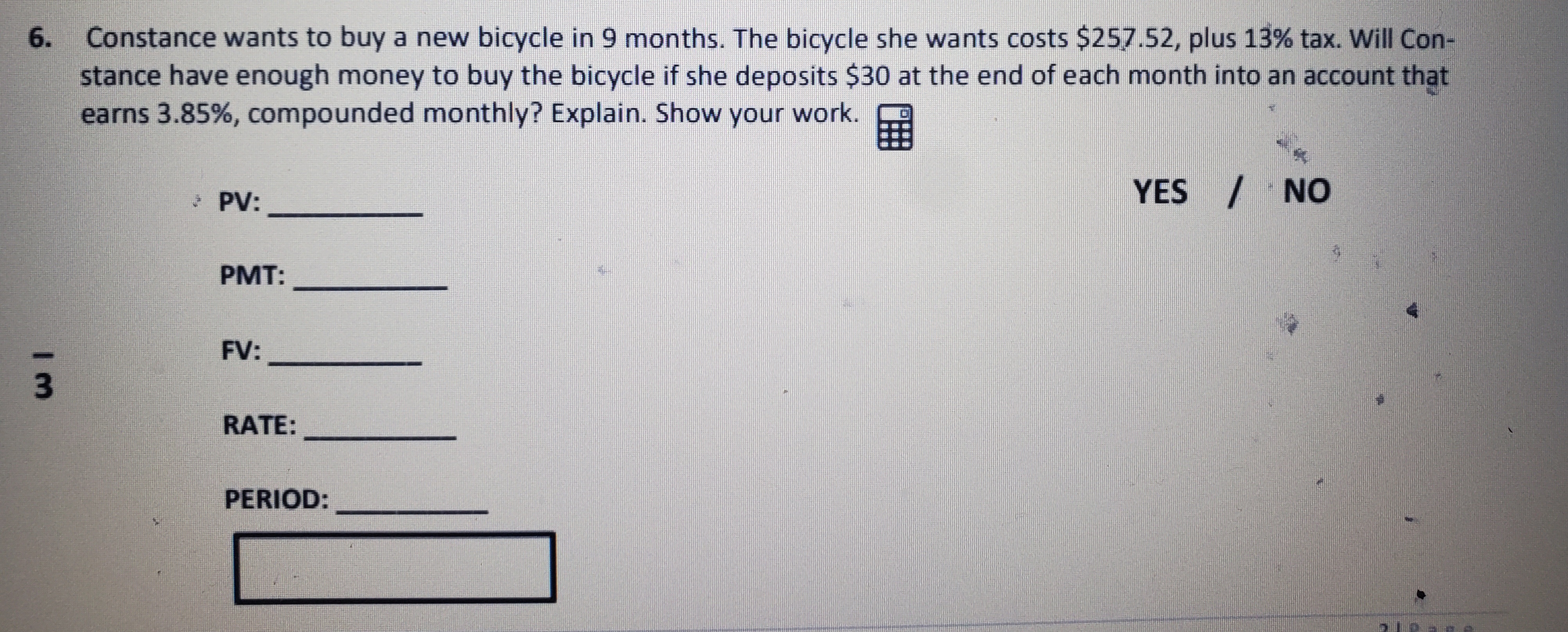 6. Constance wants to buy a new bicycle in 9