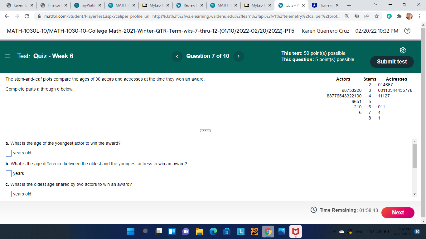 Karen_G x 5 Finalize | X w myWald X W MATH 1( X