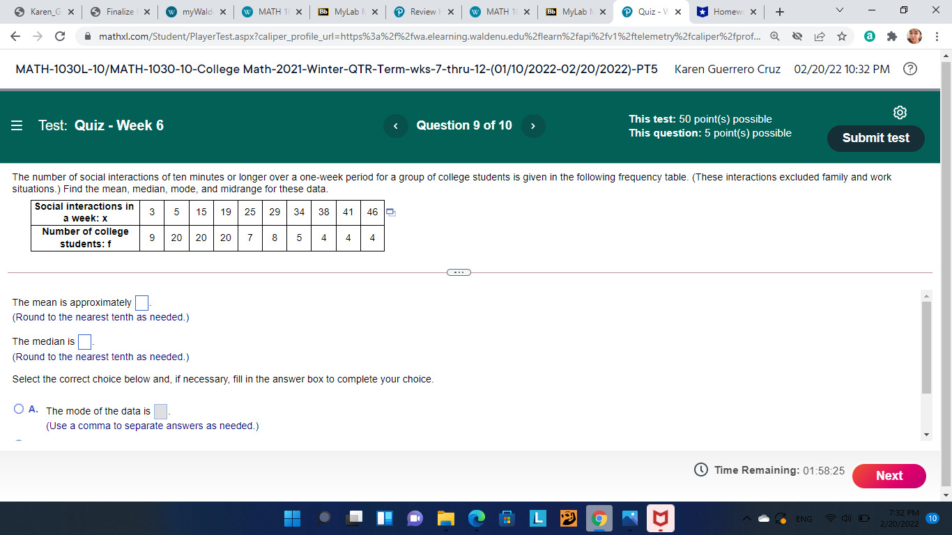 Karen_G x 5 Finalize | X w myWald X W MATH 1( X